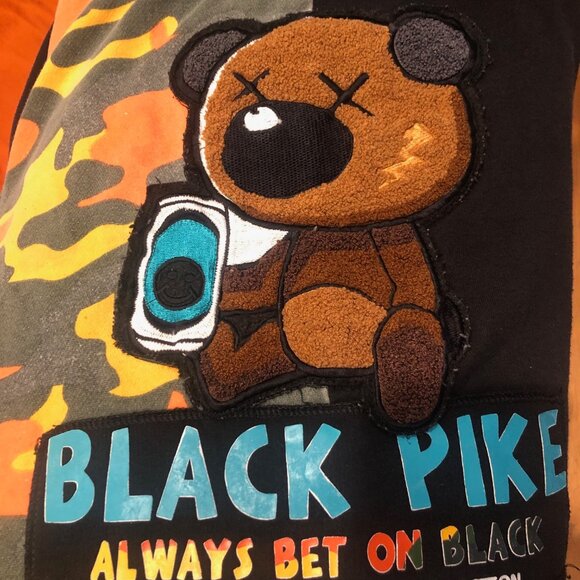 BLACK PIKE Cartoon Bear Vibrant Camouflage Pattern Black Men Sweatshirt Size L - Picture 2 of 6